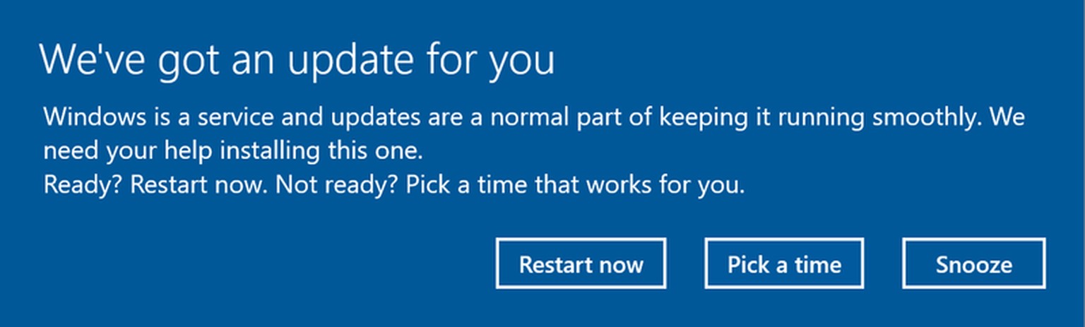 Ist das neue Creators Update installiert, lässt Windows 10 den Nutzer einen genauen Zeitpunkt wählen, wann das Update installiert werden soll. Alternativ kann man es mit der Schlummertaste verschieben ...