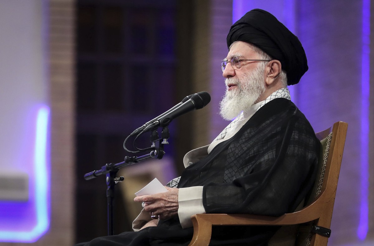 In this photo released by the official website of the office of the Iranian supreme leader, Supreme Leader Ayatollah Ali Khamenei speaks during a memorial in Tehran, Iran, Tuesday, May 20, 2025 for la ...