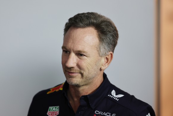 epa11172084 Red Bull Racing team principal Christian Horner attends a press conference during the pre-season testing for the 2024 Formula One season at the Bahrain International Circuit in Sakhir, Bah ...