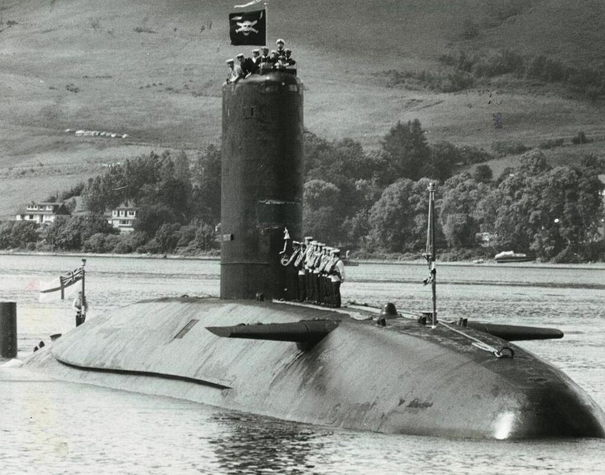 Conqueror returning to the Clyde Submarine base (Faslane) flying the Jolly Roger after the Falklands War, 4 July 1982
https://en.wikipedia.org/wiki/HMS_Conqueror_(S48)#Falklands_War