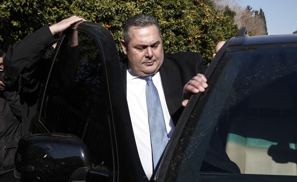 Greek Defense Minister Panos Kammenos, leaves Maximos mansion following a meeting with Greece&#039;s Prime Minister Alexis Tsipras, in Athens, Sunday, Jan. 13, 2019. Greek defense Minister Kammenos, l ...