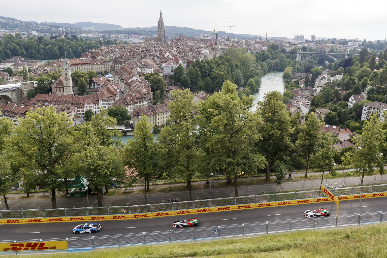 Racing cars behind the safety car at the first test session during the Bern E-Prix, the eleventh stage of the ABB FIA Formula E championship, in Bern Switzerland, Friday, June 21, 2019. (KEYSTONE/Cyri ...