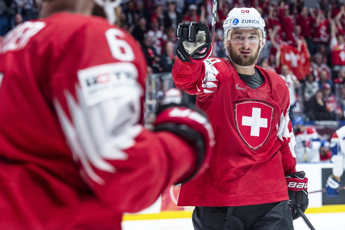 Switzerland's Tristan Scherwey celebrate after scoring during the game between Czech Republic and Switzerland, at the IIHF 2019 World Ice Hockey Championships, at the Ondrej Nepela Arena in Brati ...