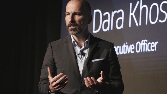 FILE - In this Sept. 5, 2018 file photo, Uber CEO Dara Khosrowshahi speaks during the company's unveiling of the new features in New York. Ride-hailing service Uber announced on Tuesday, March 26, 201 ...