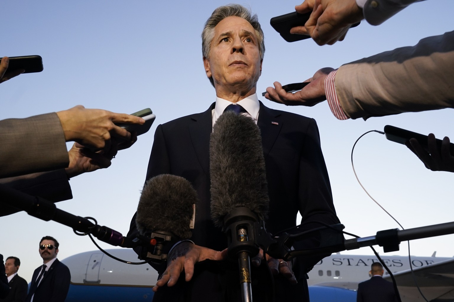 U.S. Secretary of State Antony Blinken speaks to members of the media before leaving Cairo, Sunday Oct. 15, 2023, en route to Jordan. (AP Photo/Jacquelyn Martin, Pool)
Antony Blinken