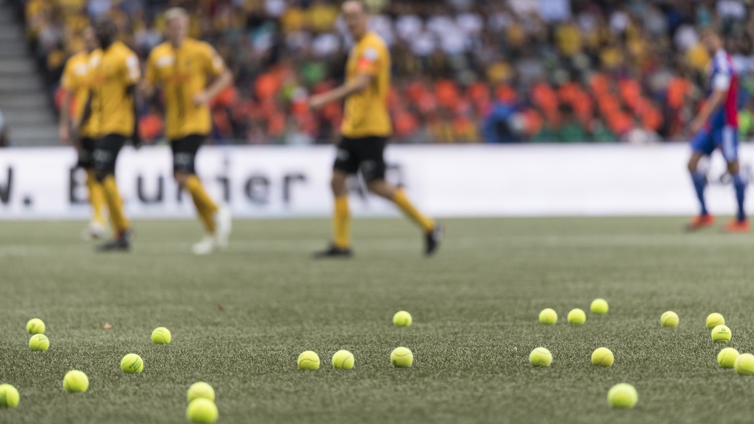 Tennisbaelle, von YB Fans geworfen, liegen auf dem Kunstrasen, das Spiel muss kurz unterbrochen werden, beim Fussball Meisterschaftsspiel der Super League, des BSC Young Boys gegen den FC Basel, am So ...