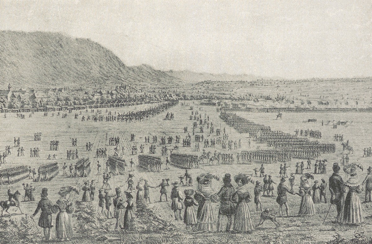 Übungslager auf dem Waffenplatz in Bière 1830.
http://doi.org/10.7890/ethz-a-000519716