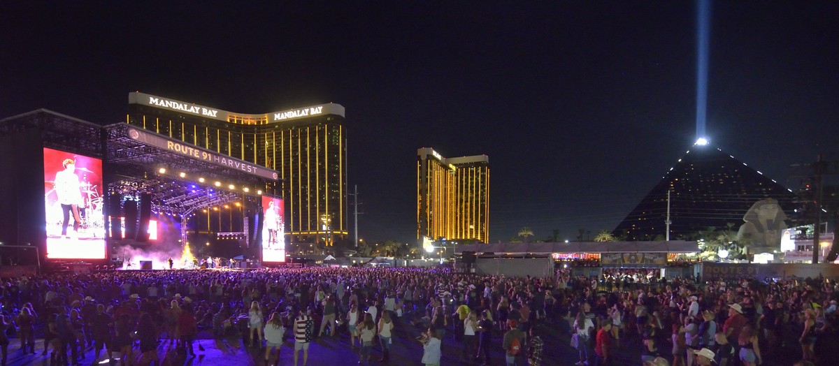 epa06239552 A handout photo made available by the Las Vegas News Bureau on 02 October showing the scene at the Route 91 Harvest festival on Las Vegas Boulevard South in Las Vegas 30 September, 2017. R ...