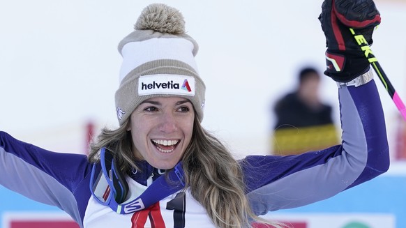 CORRECTS PLACEMENT OF THE ATHLETE FROM SECOND TO THIRD - Third placed Italy's Marta Bassino celebrates at the end of an alpine ski, women's World Cup Women's Alpine Combined, in Altenma ...