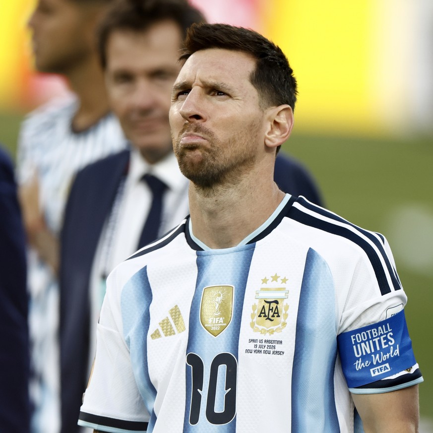 epa13202791 (FILE) - Lionel Messi of Argentina shows disappointment during the awards ceremony after the FIFA World Cup 2026 final match Spain against Argentina, in East Rutherford, New Jersey, USA, 1 ...