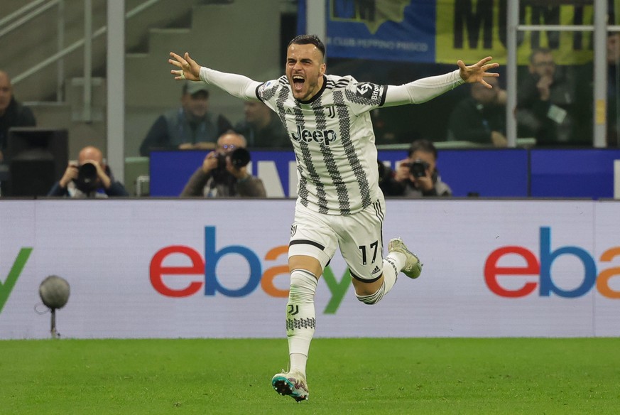 epa10532815 Juventus FC&#039;s midfielder Filip Kostic celebrates after scoring the 0-1 goal during the Italian serie A soccer match between FC Inter and Juventus in Milan, Italy, 19 March 2023. EPA/R ...