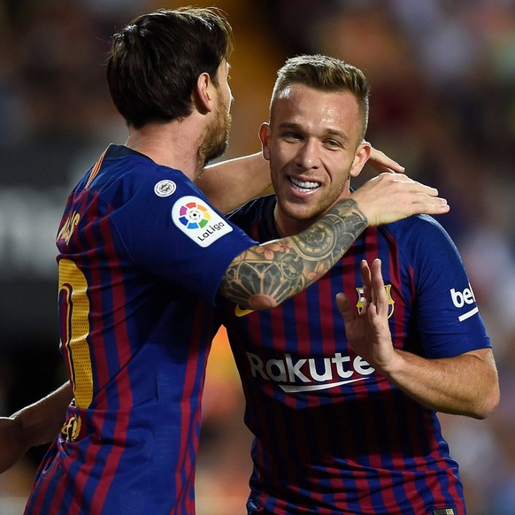Mandatory Credit: Photo by Bagu Blanco/BPI/Shutterstock 9916977w Lionel Messi of FC Barcelona, Barca celebrates his goal with his teammate Arthur Melo Valencia CF v FC Barcelona, La Liga, date 8, Foot ...
