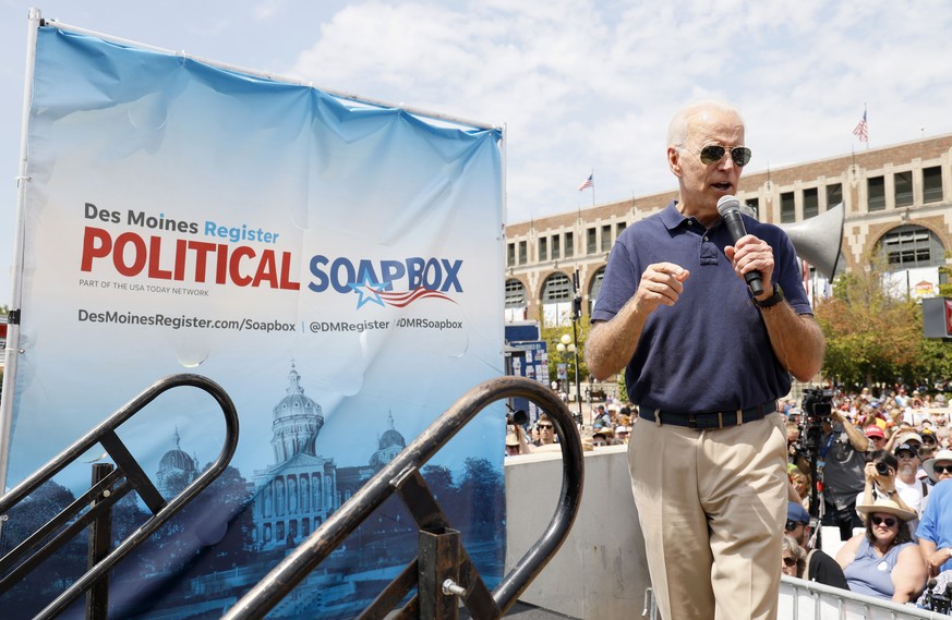 Democratic presidential candidate former Vice President Joe Biden speaks at the Des Moines Register Soapbox during a visit to the Iowa State Fair, Thursday, Aug. 8, 2019, in Des Moines, Iowa. (AP Phot ...