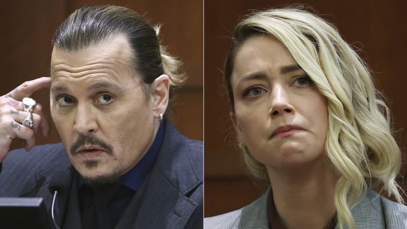 This combination of photos shows actor Johnny Depp testifying at the Fairfax County Circuit Court in Fairfax, Va., on April 21, 2022, left, and actor Amber Heard testifying in the same courtroom on Ma ...