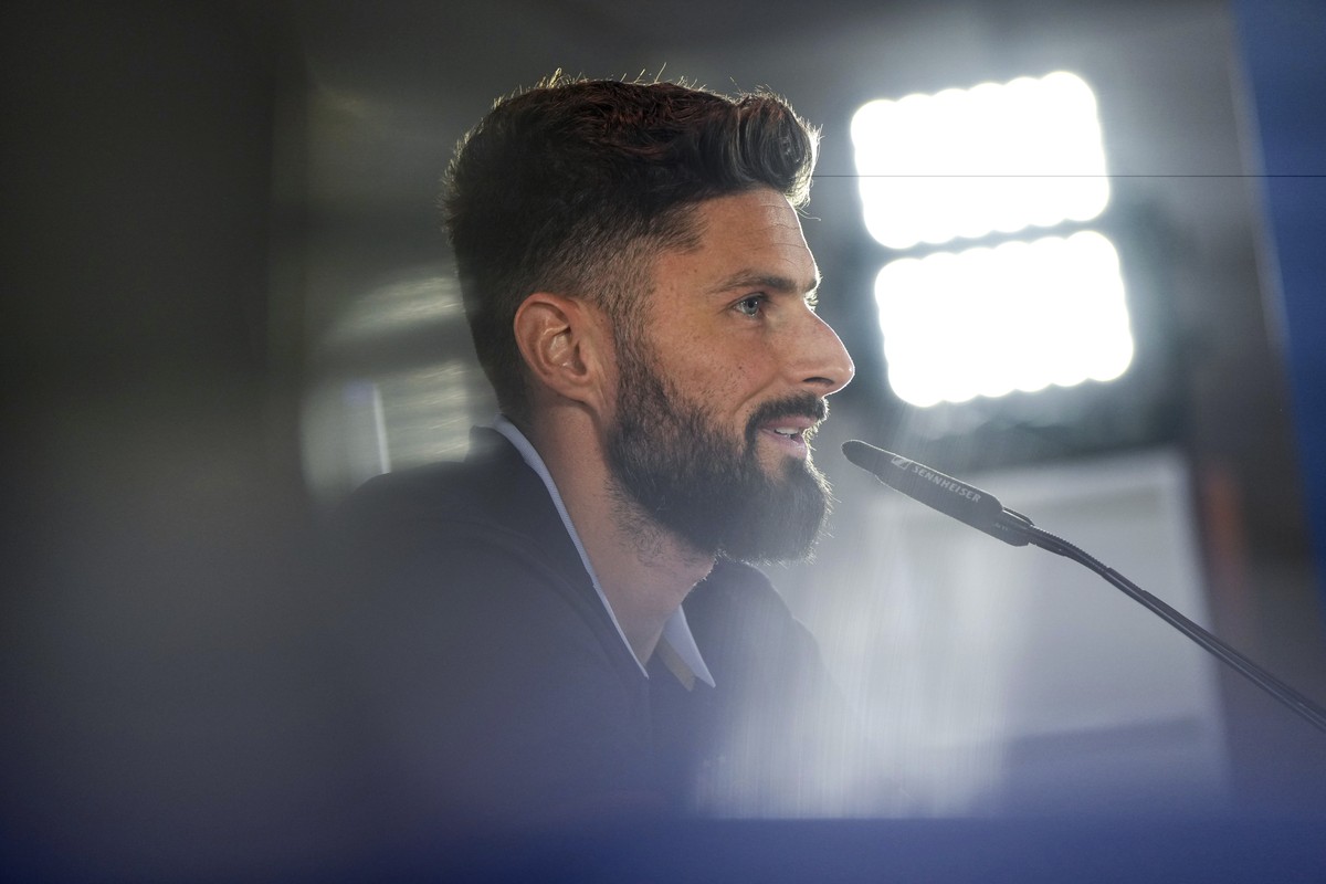 France's Olivier Giroud speaks during a press conference in Paderborn, Germany, Friday, June 14, 2024. France will play against Austria during their Group D soccer match at the Euro 2024 soccer t ...