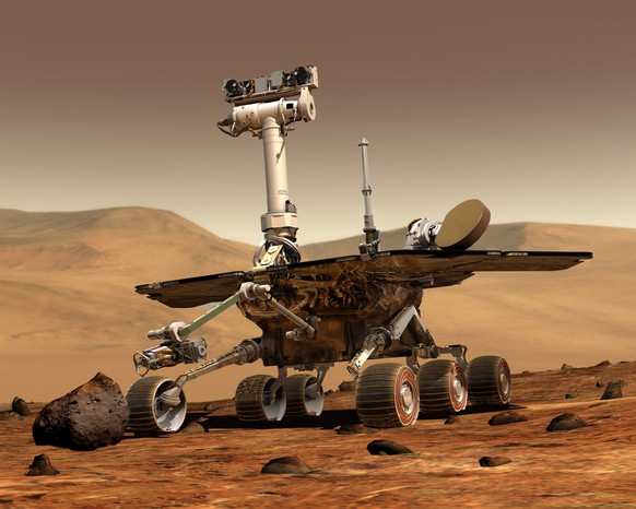 This artist rendering released by NASA shows the NASA rover Opportunity on the surface of Mars. Opportunity landed on the red planet on Jan. 24, 2004 and is still exploring. Its twin Spirit stopped co ...