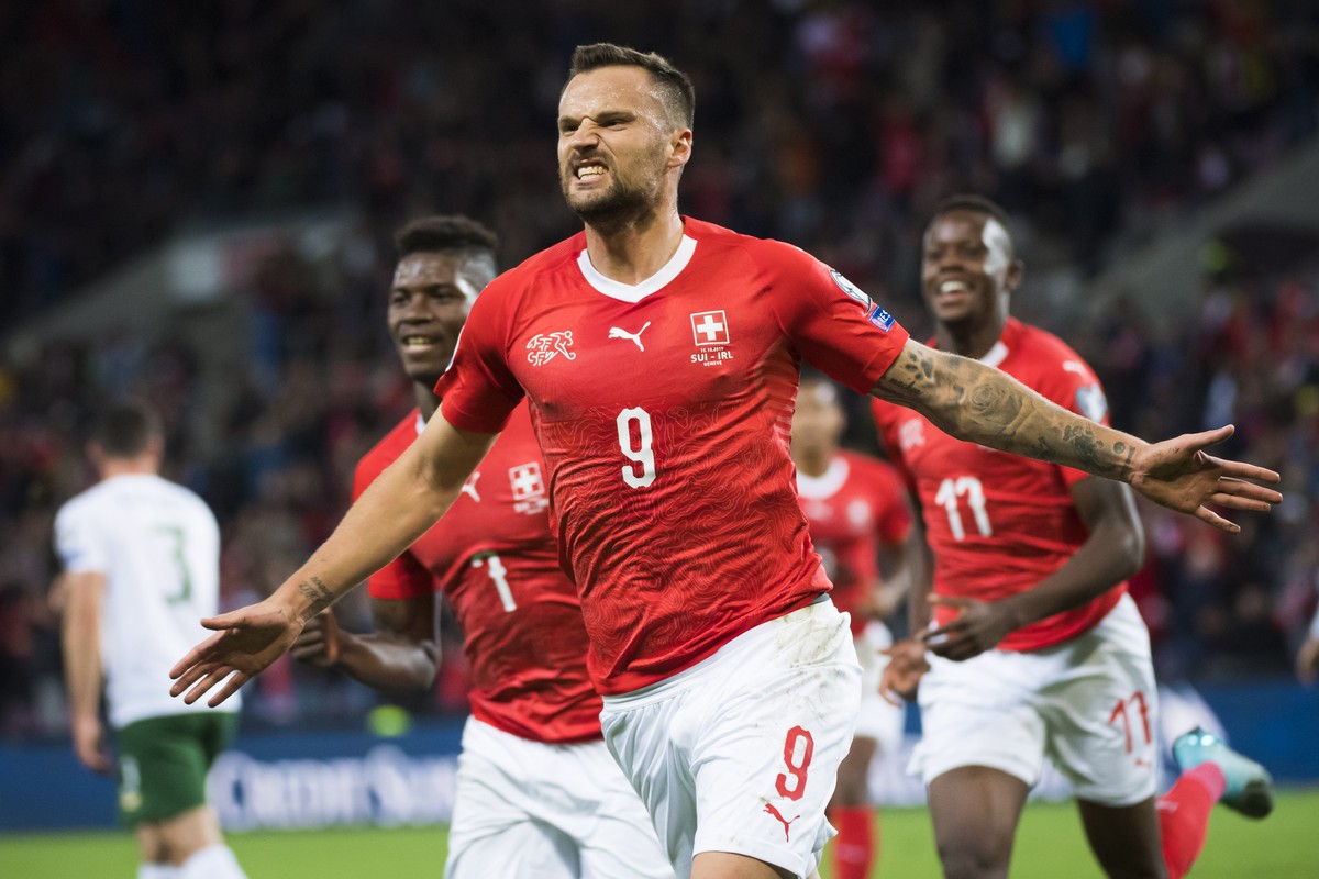 epa07923363 Switzerland's forward Haris Seferovic, celebrates after scoring the opening goal during the UEFA Euro 2020 qualifying Group D soccer match between Switzerland and the Republic of Irel ...