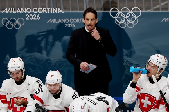 epa12755009 Switzerland ́s head coach Patrick Fischer during the Men's Ice Hockey quarterfinal match between Finland and Switzerland at the Milano Cortina 2026 Winter Olympic Games in Milano, Ita ...