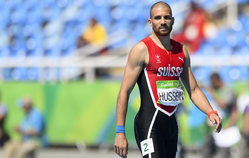 ZUR SPERRUNG VON KARIEM HUSSEIN STELLEN WIR IHNEN FOLGENDES BILD ZUR VERFUEGUNG - Kariem Hussein of Switzerland reacts after the men&#039;s 400m Hurdles Round 2 heat in the Olympic Stadium at the Rio  ...