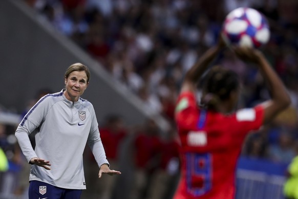 United States coach Jill Ellis during the Women&#039;s World Cup semifinal soccer match between England and the United States, at the Stade de Lyon outside Lyon, France, Tuesday, July 2, 2019. (AP Pho ...