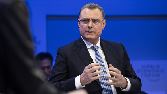 epa11087063 Thomas J. Jordan, Chairman of the Governing Board of the Swiss National Bank, speaks during a panel session during the 54th annual meeting of the World Economic Forum (WEF) in Davos, Switz ...