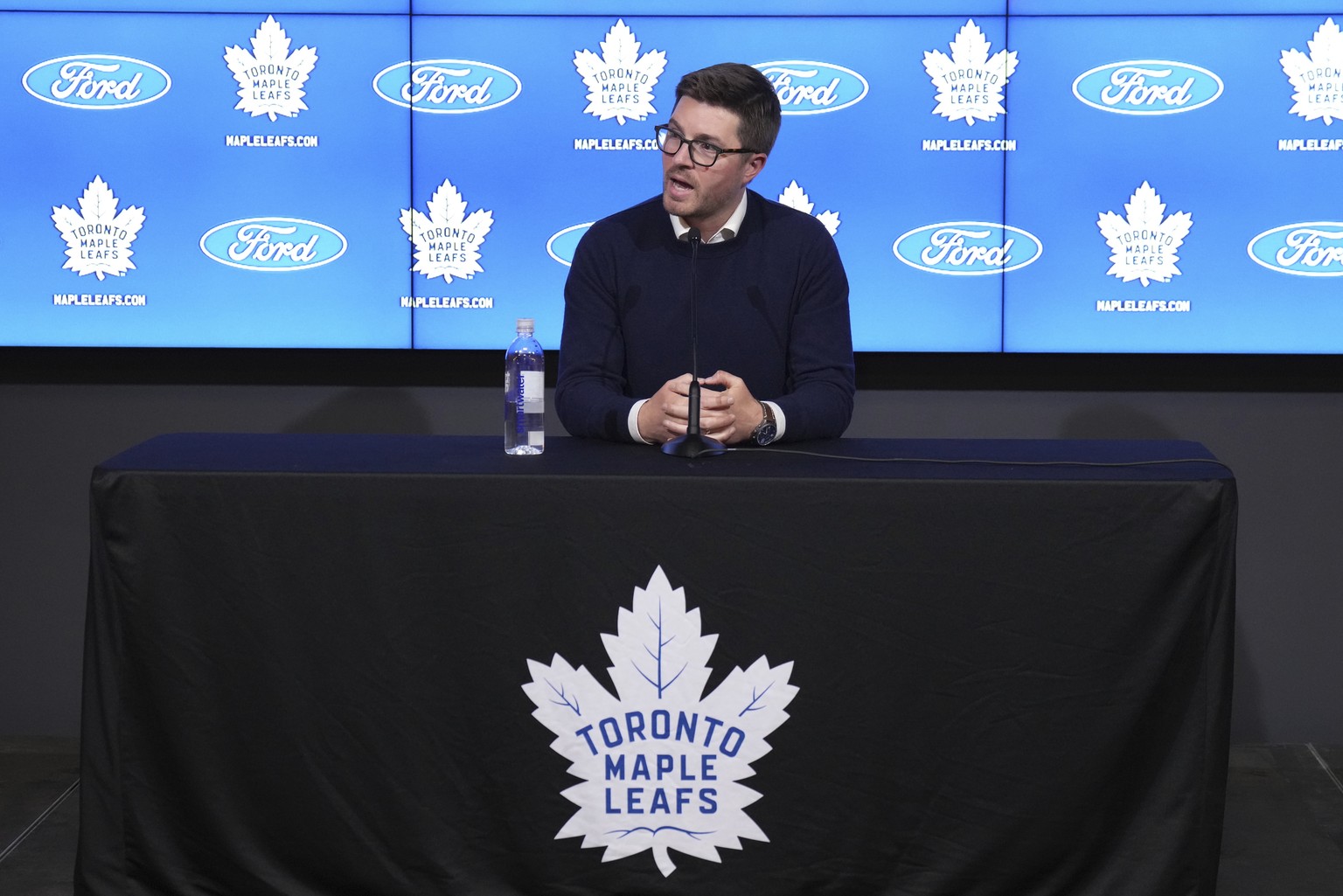 Toronto Maple Leafs general manager Kyle Dubas speaks to media during an end-of-season availability in Toronto, on Monday, May 15, 2023. The Maple Leafs were eliminated from the NHL playoffs by the Fl ...