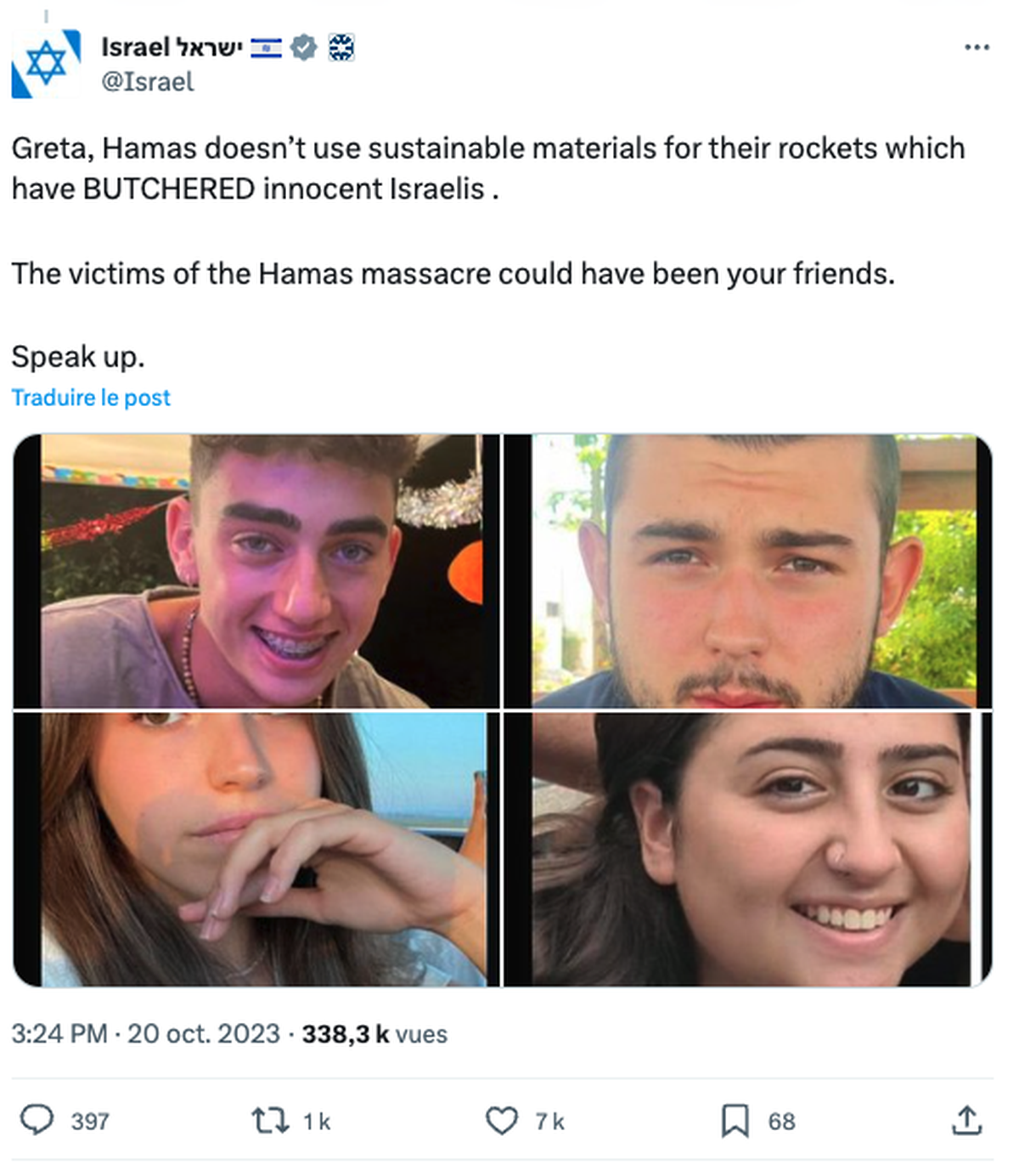 L'Etat israélien répond au post de Greta Thunberg.