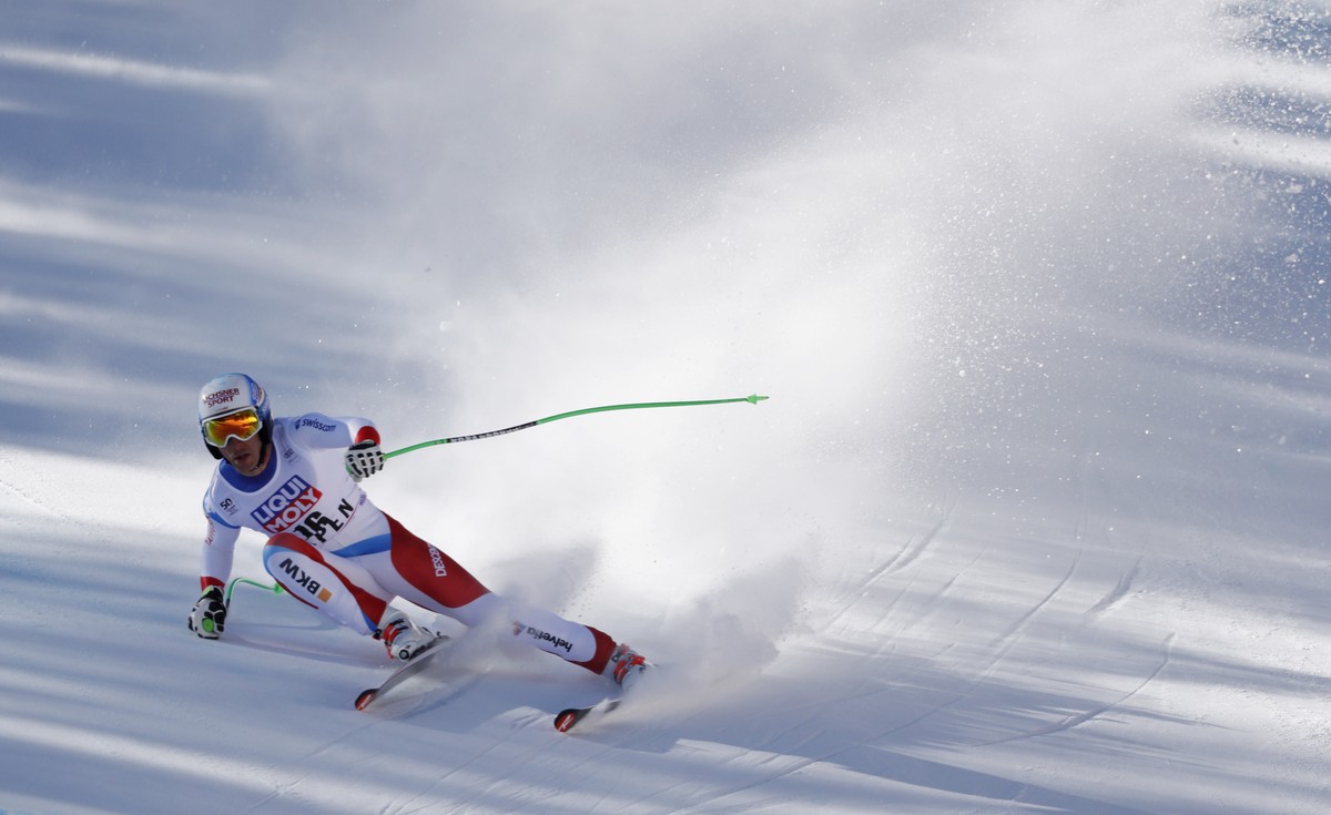 Mar 15, 2017; Aspen, CO, USA; Carlo Janka of Switzerland during the men's downhill alpine skiing race in the 2017 Audi FIS World Cup Finals at Aspen Mountain. Mandatory Credit: Jeff Swinger-USA T ...