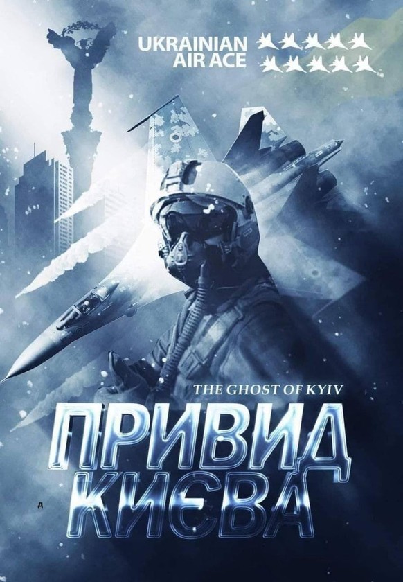 Meme zum sagenumwobenen ukrainischen Kampfjet-Piloten Ghost of Kiev, das zu Propagandazwecken verbreitet wurde.