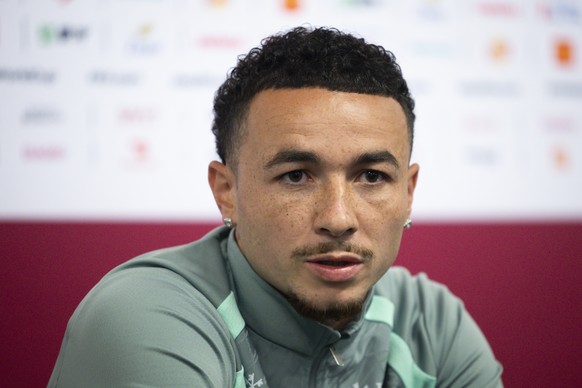 Switzerland's Ruben Vargas speaks during a press conference of the Swiss national soccer team at the National Soccer Development Center in Vancouver, Canada, Sunday, July 5, 2026, during the 2026 ...
