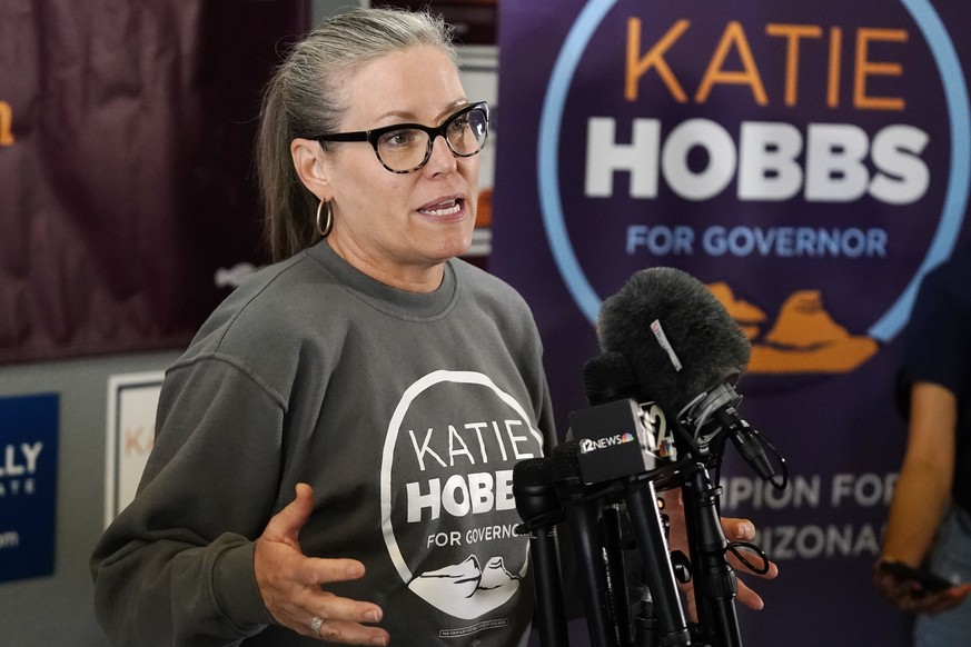 FILE - Katie Hobbs speaks to supporters at a campaign event in Peoria, Ariz., Nov. 7, 2022. Hobbs has won in her race for governor against Republican candidate Kari Lake. (AP Photo/Ross D. Franklin, F ...