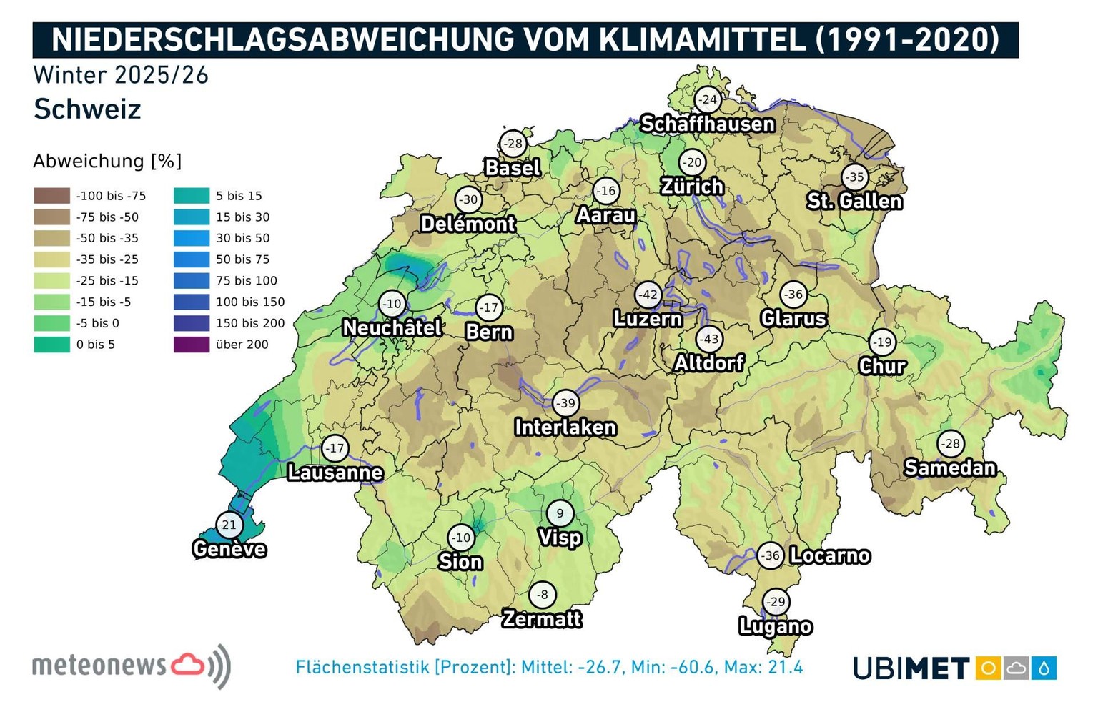 Niederschlagsabweichung im Winter 2025/2026 verglichen mit der Norm der Jahre 1991-2020