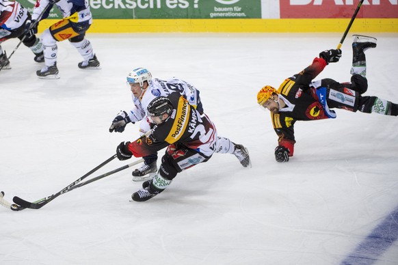 Berns, Marc Kaempf, vorne, kaempft um den Puck, gegen Zugs, Livio Langenegger, hinten, Berns Topscorer, Mark Arcobello, rechts, waehrend dem Meisterschaftsspiel der National League, zwischen dem SC Be ...