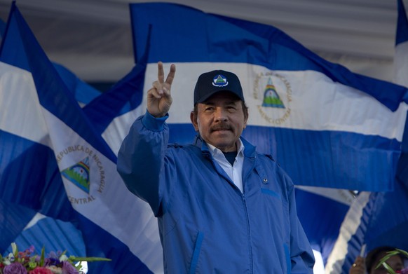 epa06999938 Nicaraguan President Daniel Ortega gestures in front of supporters in Managua, Nicaragua, 05 September 2018. Ortega asked the United States not to get involved in the social and political  ...