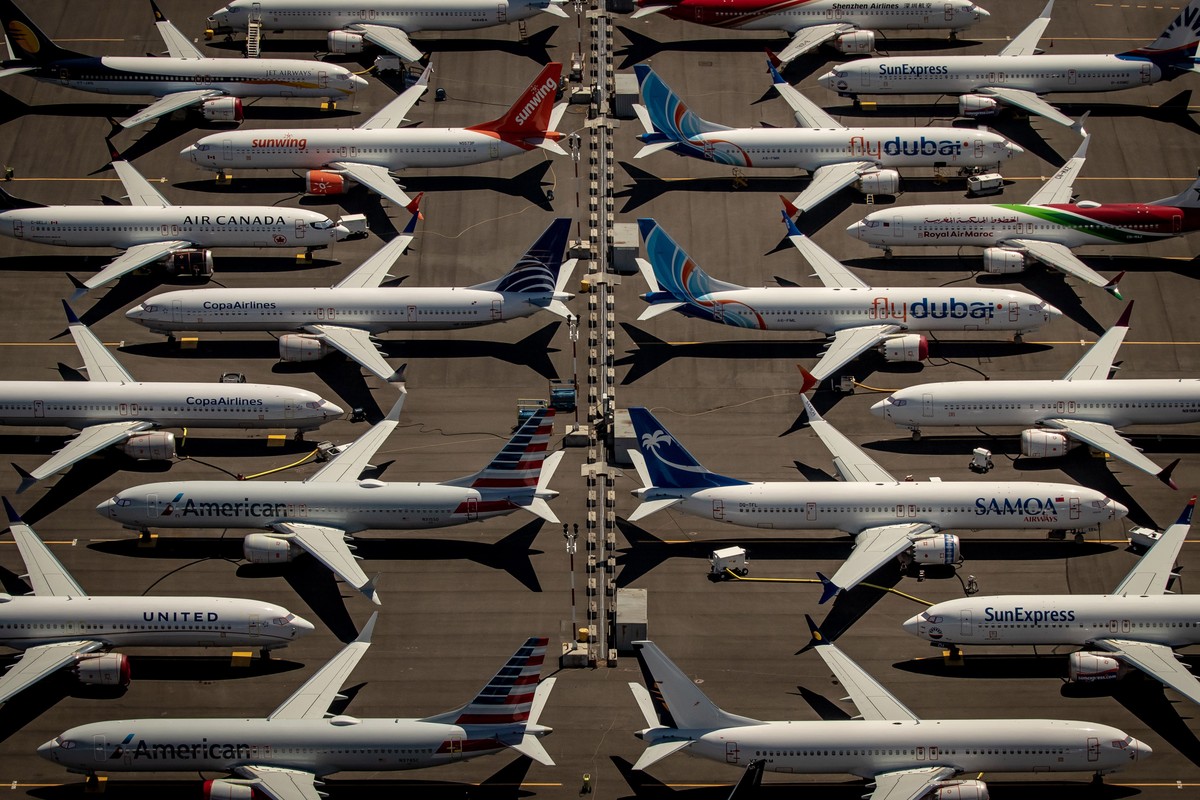 epa07737515 (FILE) - An aerial view of Boeing 737 Max 8 aircraft sitting parked at Boeing Field in Seattle, Washington, USA, 21 July 2019 (reissued 24 July 2019). Reports on 24 July 2019 state Boeing  ...