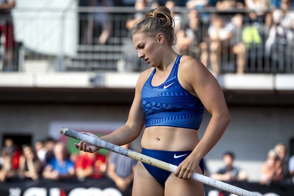 Switzerland&#039;s Angelica Moser reacts during the women&#039;s pole vault, at the Citius Meeting in the Athletics facility Wankdorf in Bern, Switzerland, Saturday, August 3, 2019. (KEYSTONE/Anthony  ...
