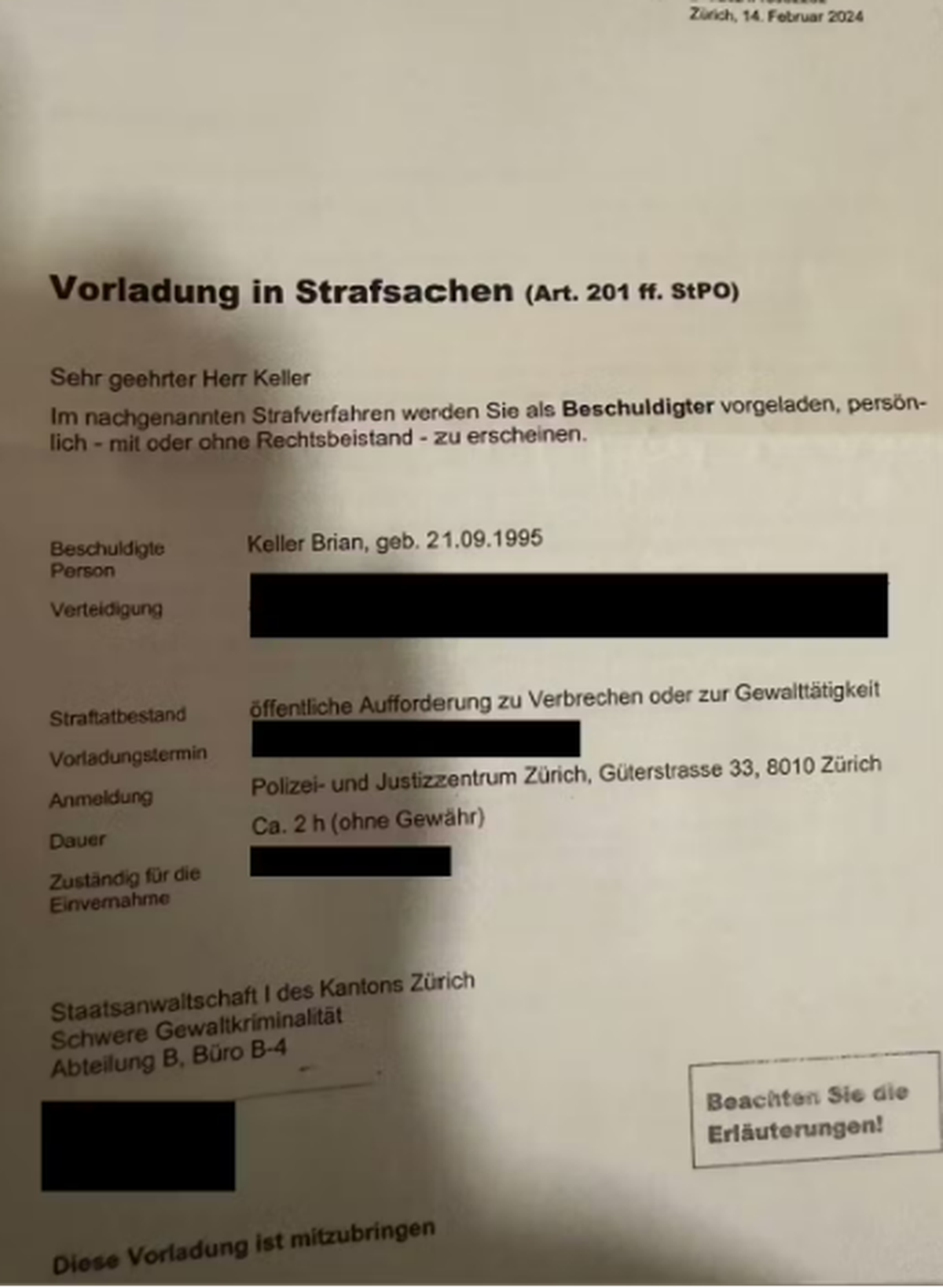 Die Vorladung von Brian Keller.