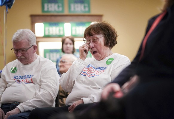 Nancy Roddy of Mason City wiped away tears as Democratic presidential candidate Sen. Amy Klobuchar, D-Minn., spoke about what needs to be done to fix the issues facing this country Sunday, Feb. 2, 202 ...