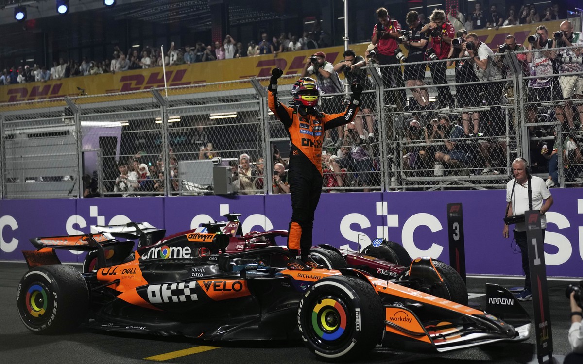 McLaren driver Oscar Piastri of Australia celebrates after winning the Formula One Saudi Arabian Grand Prix at the Jeddah Corniche Circuit in Jeddah, Saudi Arabia, Sunday, April 20, 2025. (AP Photo/Al ...