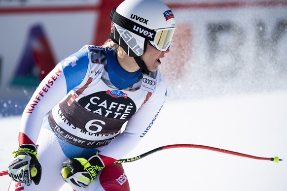 epa07389666 Joana Haehlen of Switzerland reacts in the finish area during the Women&#039;s Downhill race of the FIS Alpine Ski World Cup event in Crans-Montana, Switzerland, 23 February 2019. EPA/ALES ...