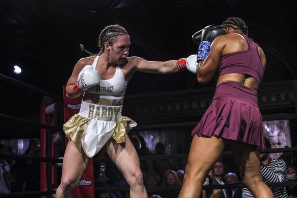 October 13, 2022, New York City, NY, USA: Brooklyns Heather Hardy white skirt 23-2 2 KOs in action against Calista Silgado 20-16-3 15 KOs at Boxing Insiders inaugural New Beginnings fight card. Hardy  ...