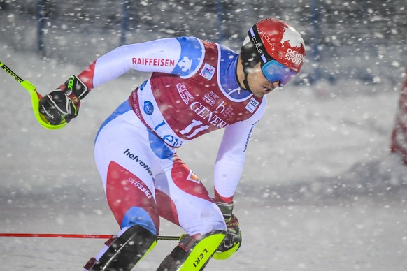epa08021869 Loic Meillard of Switzerland reacts in the finish area after the second run of the Men&#039;s Slalom race at the FIS Alpine Skiing World Cup in Levi, Finland, 24 November 2019. EPA/KIMMO B ...