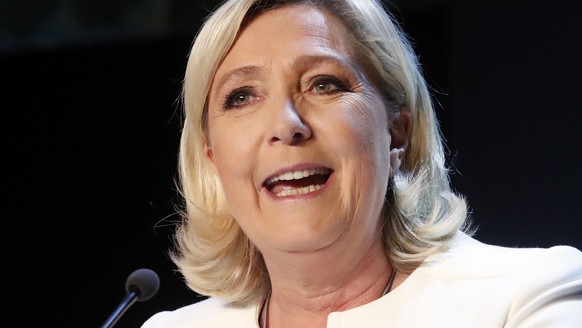 Far-right National Party leader Marine le Pen delivers a speech at the campaign headquarters, Sunday, May 26, 2019 in Paris. Exit polls in France indicated that Marine Le Pen&#039;s far-right National ...