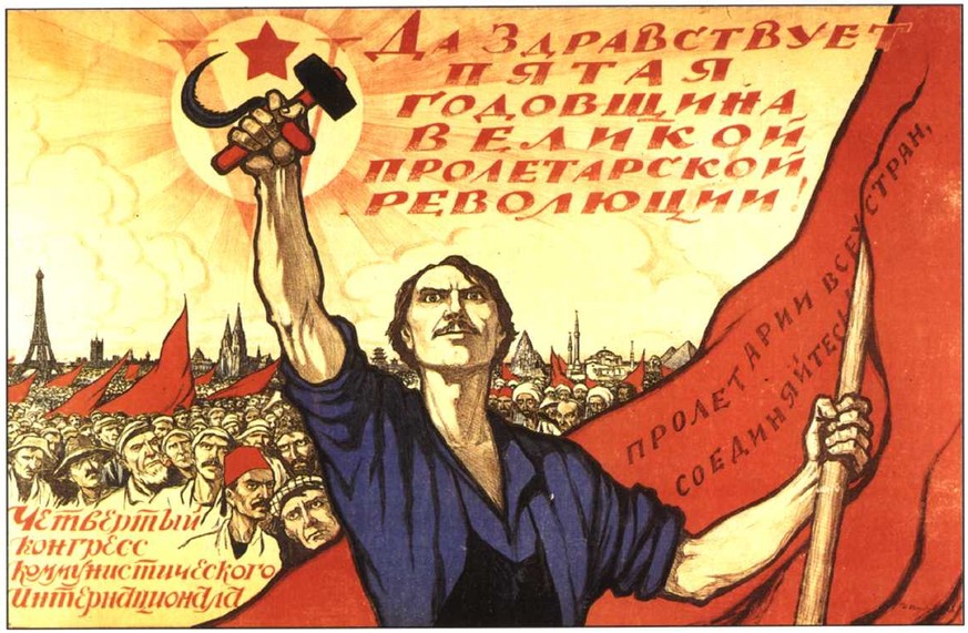 Sowjetisches Plakat der Komintern anlässlich des IV. Weltkongresses der KI und des 5. Jahrestages der Oktoberrevolution&nbsp;im Jahre 1922.