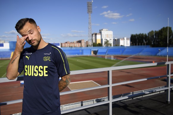 epa06818946 Switzerland&#039;s forward Haris Seferovic answers questions from journalists before a training session of the Switzerland&#039;s national soccer team at the Torpedo Stadium, in Togliatti, ...