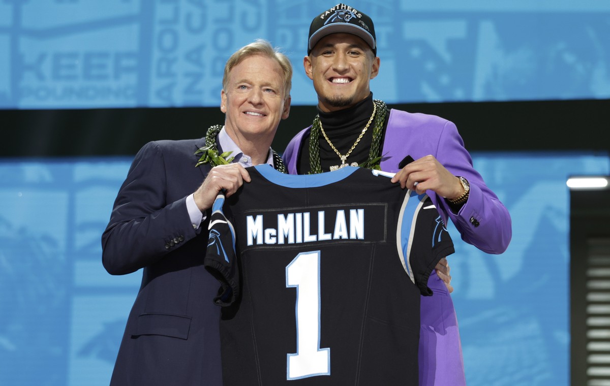 Arizona wide receiver Tetairoa McMillan, right, poses with NFL Commissioner Roger Goodell after being chosen by the Carolina Panthers with the eighth overall pick during the first round of the NFL foo ...