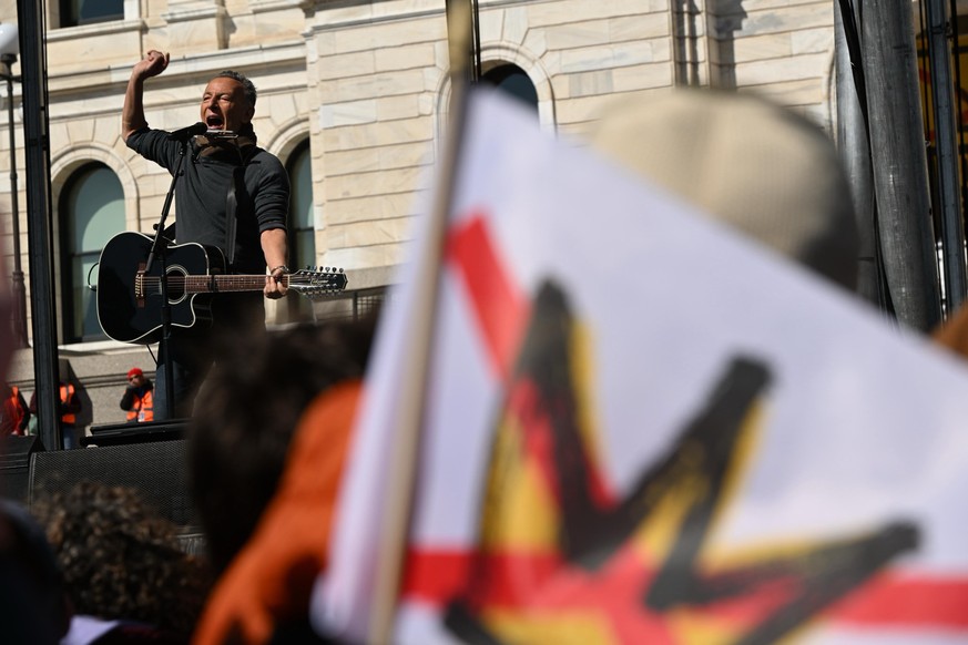 Bruce Springsteen performs during tthe "No Kings" protest Saturday, March 28, 2026, in St. Paul, Minn. (AP Photo/Tom Baker)
No Kings Protests