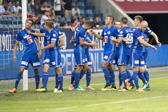 Die Luzerner feiern das 1:1 mit Shkelkim Damhasaj, links, beim Super League Meisterschaftsspiel zwischen dem FC Luzern und dem FC Lugano vom Samstag 4. August 2018 in Luzern. (KEYSTONE/Urs Flueeler)