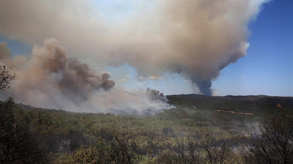 epa10811632 Thick smoke rises during a wildfire at Dadia forest, in Alexandroupolis, Thrace, northern Greece, 21 August 2023. The wildfire that broke out early on 19 August in a forest in the Melia ar ...