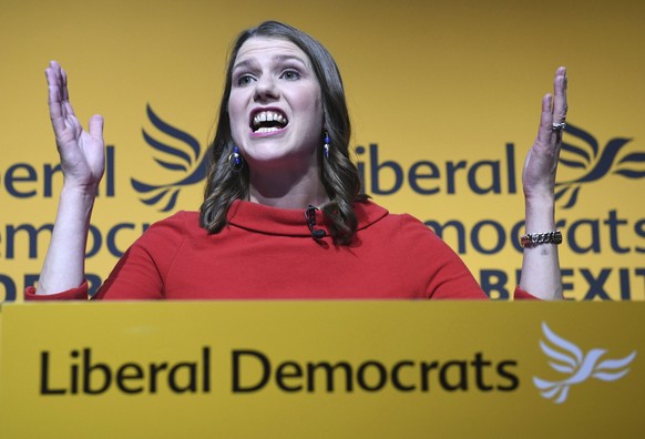 Jo Swinson speaks in London Monday July 22, 2019, after being elected leader of the Liberal Democrats. The centrist Liberal Democrats, who have seen a surge in support thanks to their strongly anti-Br ...